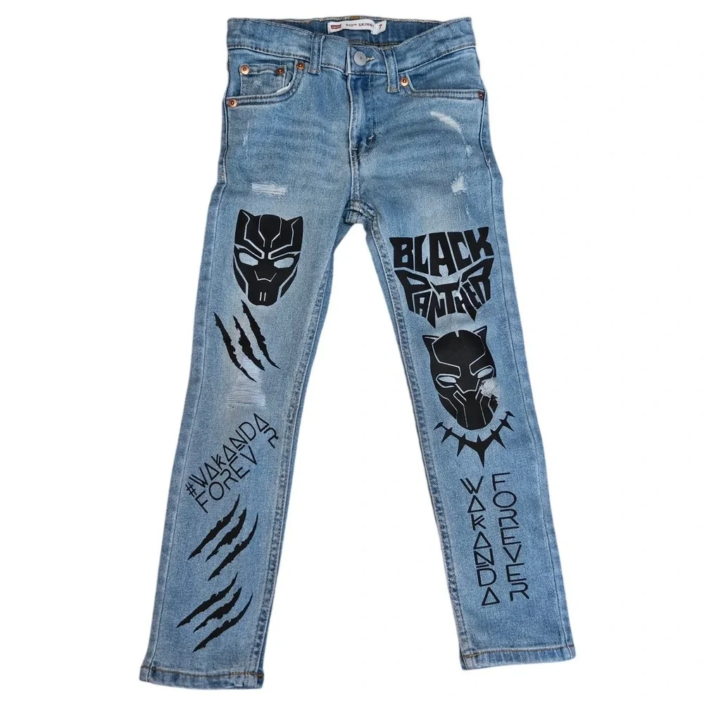 Levis 510‎ Skinny Jeans Kids Size 7 Blue Light Wash Marvel Black Panther Wakanda